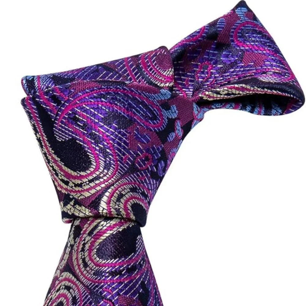 SILK Paisley Necktie And Pocket Square Cufflinks Set Purple